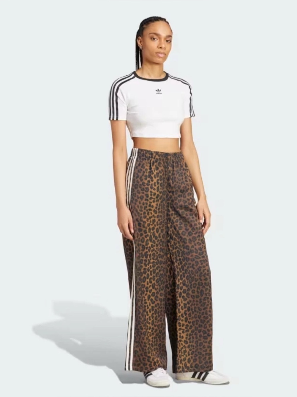 adidas Brown and Black Leopard Wide-Leg Track Pants with White Stripes